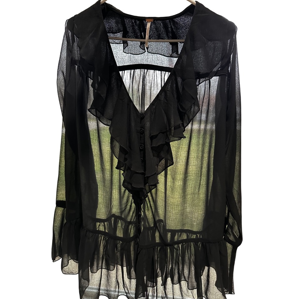 Free People Callie Sheer Black Tunic Peasant Blouse Oversized XS Lagenlook - Picture 4 of 9